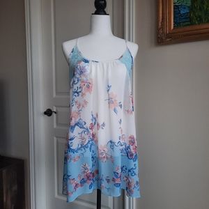 In Bloom Sheer Mesh Dress with Lace Detail Size Small White/Blue Flower Print